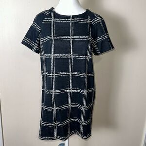 Liquorish 4-6 Navy White Window Pane Plaid Short Sleeve Knit Shift Mini Dress